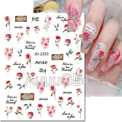 Autocolante 3d Nail Art Trandafiri roz pentru copii Flori Litere albe Glisoare adezive Decalcomanii Manichiura pentru unghii decorate