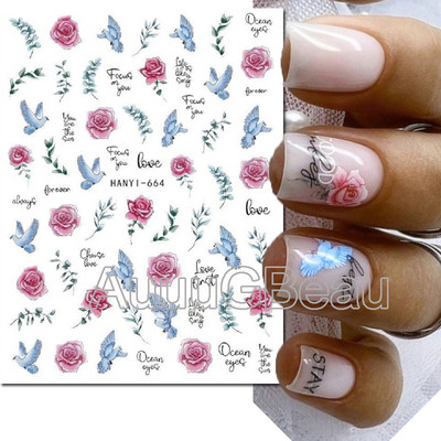 Autocolante 3d Nail Art Trandafiri roz pentru copii Flori Litere albe Glisoare adezive Decalcomanii Manichiura pentru unghii decorate