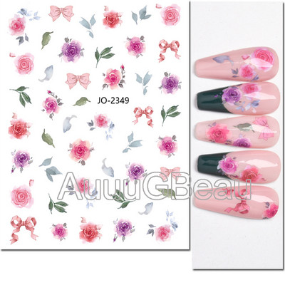 Autocolante 3d Nail Art Trandafiri roz pentru copii Flori Litere albe Glisoare adezive Decalcomanii Manichiura pentru unghii decorate
