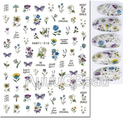 Autocolante 3d Nail Art Trandafiri roz pentru copii Flori Litere albe Glisoare adezive Decalcomanii Manichiura pentru unghii decorate