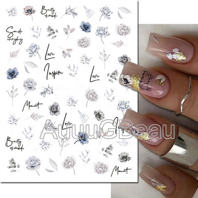 Autocolante 3d Nail Art Trandafiri roz pentru copii Flori Litere albe Glisoare adezive Decalcomanii Manichiura pentru unghii decorate
