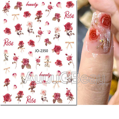 Autocolante 3d Nail Art Trandafiri roz pentru copii Flori Litere albe Glisoare adezive Decalcomanii Manichiura pentru unghii decorate