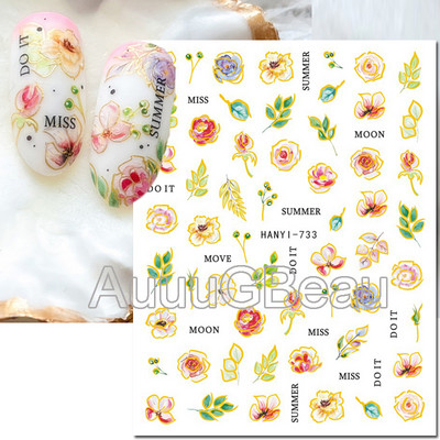 Autocolante 3d Nail Art Trandafiri roz pentru copii Flori Litere albe Glisoare adezive Decalcomanii Manichiura pentru unghii decorate