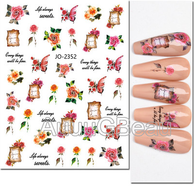 Autocolante 3d Nail Art Trandafiri roz pentru copii Flori Litere albe Glisoare adezive Decalcomanii Manichiura pentru unghii decorate