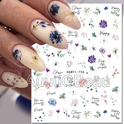 Autocolante 3d Nail Art Trandafiri roz pentru copii Flori Litere albe Glisoare adezive Decalcomanii Manichiura pentru unghii decorate