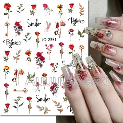 Autocolante 3d Nail Art Trandafiri roz pentru copii Flori Litere albe Glisoare adezive Decalcomanii Manichiura pentru unghii decorate