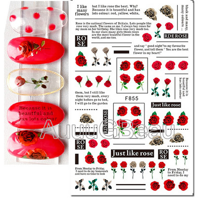 Autocolante 3d Nail Art Trandafiri roz pentru copii Flori Litere albe Glisoare adezive Decalcomanii Manichiura pentru unghii decorate