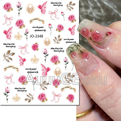 Autocolante 3d Nail Art Trandafiri roz pentru copii Flori Litere albe Glisoare adezive Decalcomanii Manichiura pentru unghii decorate