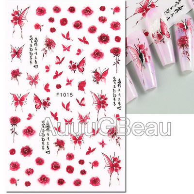 Autocolante 3d Nail Art Trandafiri roz pentru copii Flori Litere albe Glisoare adezive Decalcomanii Manichiura pentru unghii decorate