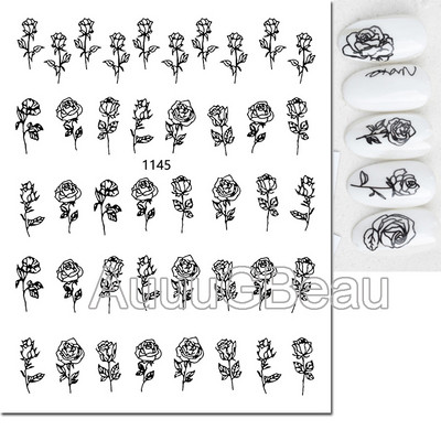 Autocolante 3d Nail Art Trandafiri roz pentru copii Flori Litere albe Glisoare adezive Decalcomanii Manichiura pentru unghii decorate