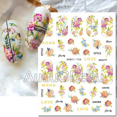 Autocolante 3d Nail Art Trandafiri roz pentru copii Flori Litere albe Glisoare adezive Decalcomanii Manichiura pentru unghii decorate