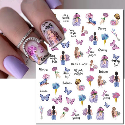Autocolante 3d Nail Art Trandafiri roz pentru copii Flori Litere albe Glisoare adezive Decalcomanii Manichiura pentru unghii decorate