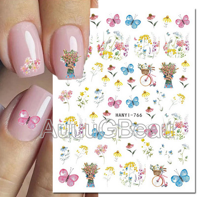 Autocolante 3d Nail Art Trandafiri roz pentru copii Flori Litere albe Glisoare adezive Decalcomanii Manichiura pentru unghii decorate