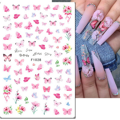 Autocolante 3d Nail Art Trandafiri roz pentru copii Flori Litere albe Glisoare adezive Decalcomanii Manichiura pentru unghii decorate