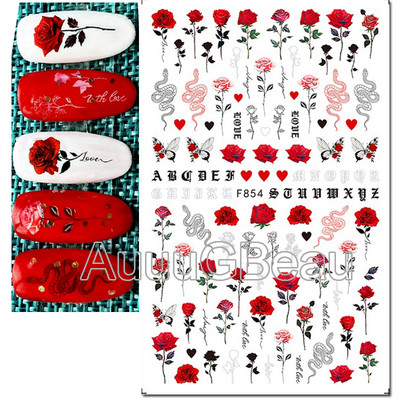 Autocolante 3d Nail Art Trandafiri roz pentru copii Flori Litere albe Glisoare adezive Decalcomanii Manichiura pentru unghii decorate