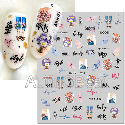 Autocolante 3d Nail Art Trandafiri roz pentru copii Flori Litere albe Glisoare adezive Decalcomanii Manichiura pentru unghii decorate