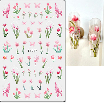 Autocolante 3d Nail Art Trandafiri roz pentru copii Flori Litere albe Glisoare adezive Decalcomanii Manichiura pentru unghii decorate