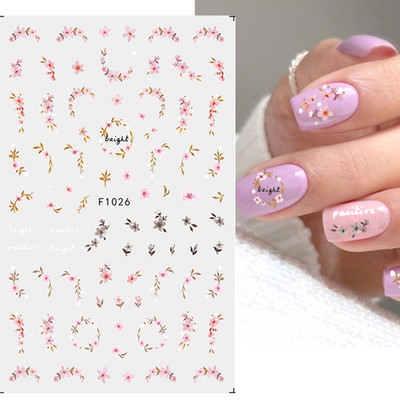 Autocolante 3d Nail Art Trandafiri roz pentru copii Flori Litere albe Glisoare adezive Decalcomanii Manichiura pentru unghii decorate
