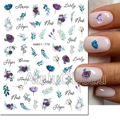 Autocolante 3d Nail Art Trandafiri roz pentru copii Flori Litere albe Glisoare adezive Decalcomanii Manichiura pentru unghii decorate