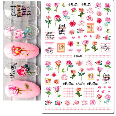 Autocolante 3d Nail Art Trandafiri roz pentru copii Flori Litere albe Glisoare adezive Decalcomanii Manichiura pentru unghii decorate