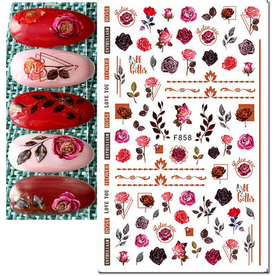 Autocolante 3d Nail Art Trandafiri roz pentru copii Flori Litere albe Glisoare adezive Decalcomanii Manichiura pentru unghii decorate