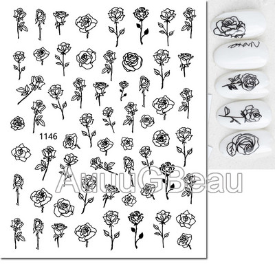 Autocolante 3d Nail Art Trandafiri roz pentru copii Flori Litere albe Glisoare adezive Decalcomanii Manichiura pentru unghii decorate