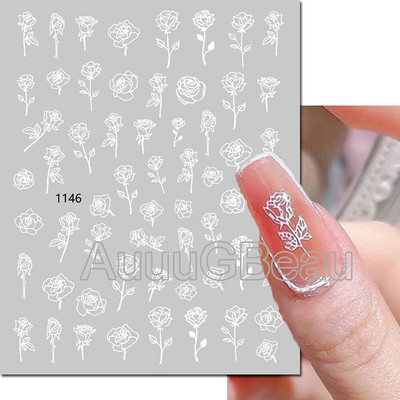 Autocolante 3d Nail Art Trandafiri roz pentru copii Flori Litere albe Glisoare adezive Decalcomanii Manichiura pentru unghii decorate