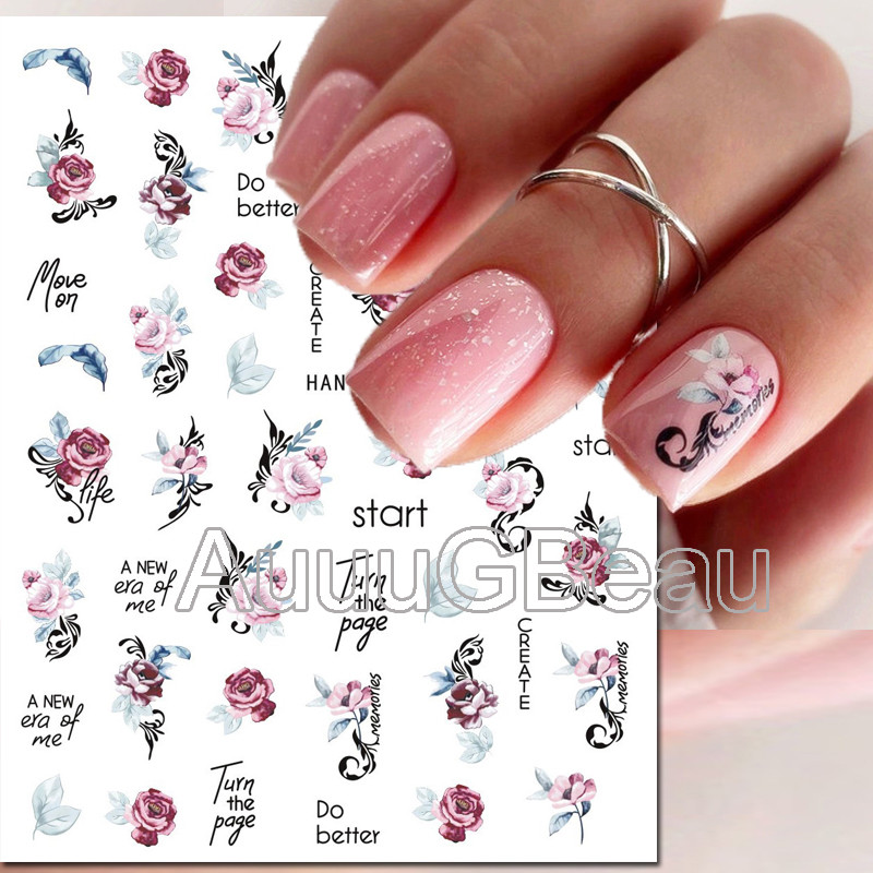Autocolante 3d Nail Art Trandafiri roz pentru copii Flori Litere albe Glisoare adezive Decalcomanii Manichiura pentru unghii decorate