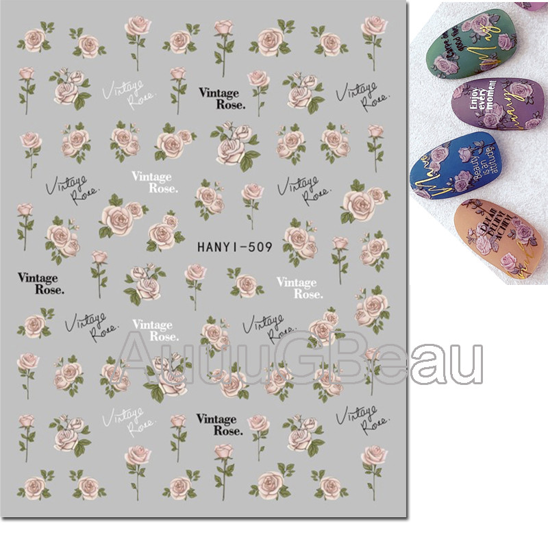Autocolante 3d Nail Art Trandafiri roz pentru copii Flori Litere albe Glisoare adezive Decalcomanii Manichiura pentru unghii decorate