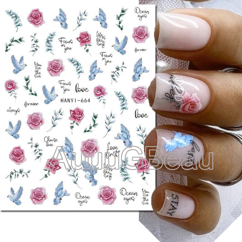 Autocolante 3d Nail Art Trandafiri roz pentru copii Flori Litere albe Glisoare adezive Decalcomanii Manichiura pentru unghii decorate
