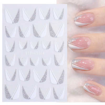French Tips Körömmatricák 3D Fényes Csillogó Ezüst Fehér Csúsztatók Matricák Körömdíszítések Ragasztófóliák Manikűr TRSTZCS068