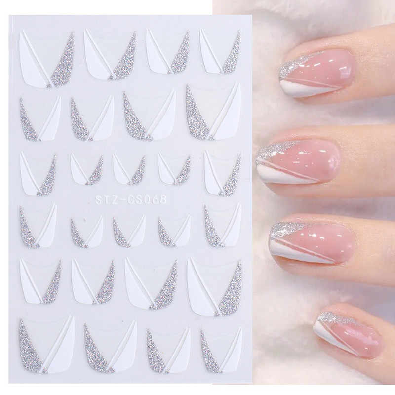 French Tips Naljepnice za nokte 3D sjajni svjetlucavi srebrni bijeli klizači Naljepnice Nail Art Dekoracije Ljepljive folije Manikura TRSTZCS068