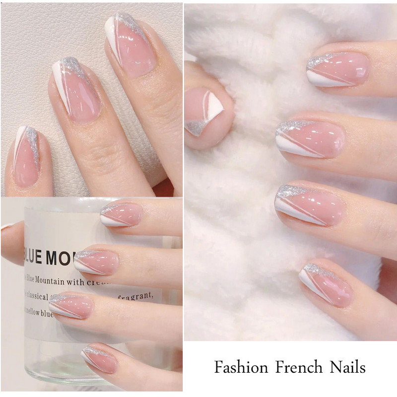 French Tips Naljepnice za nokte 3D sjajni svjetlucavi srebrni bijeli klizači Naljepnice Nail Art Dekoracije Ljepljive folije Manikura TRSTZCS068