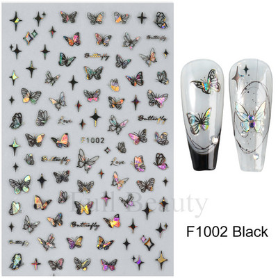 3D hologrāfisks tauriņš nagu uzlīmes mirdzoši melni balti nagu mākslas rotājumi uzlīmes piekariņi Dizains lipīgi slīdņi manikīrs