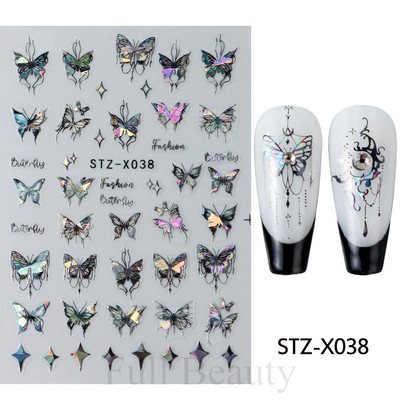 3D hologrāfisks tauriņš nagu uzlīmes mirdzoši melni balti nagu mākslas rotājumi uzlīmes piekariņi Dizains lipīgi slīdņi manikīrs