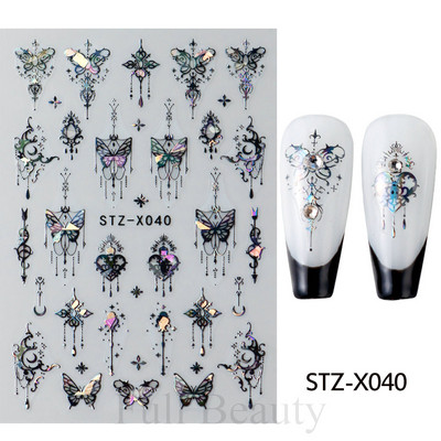 3D hologrāfisks tauriņš nagu uzlīmes mirdzoši melni balti nagu mākslas rotājumi uzlīmes piekariņi Dizains lipīgi slīdņi manikīrs