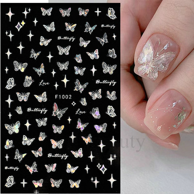 3D hologrāfisks tauriņš nagu uzlīmes mirdzoši melni balti nagu mākslas rotājumi uzlīmes piekariņi Dizains lipīgi slīdņi manikīrs