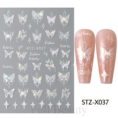 3D hologrāfisks tauriņš nagu uzlīmes mirdzoši melni balti nagu mākslas rotājumi uzlīmes piekariņi Dizains lipīgi slīdņi manikīrs