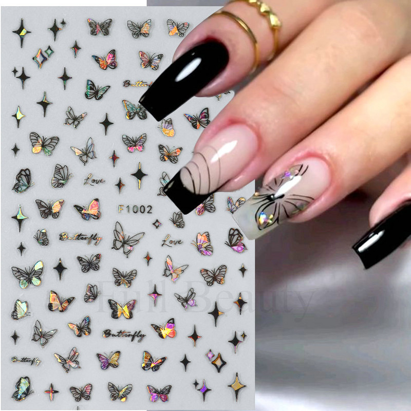 3D hologrāfisks tauriņš nagu uzlīmes mirdzoši melni balti nagu mākslas rotājumi uzlīmes piekariņi Dizains lipīgi slīdņi manikīrs