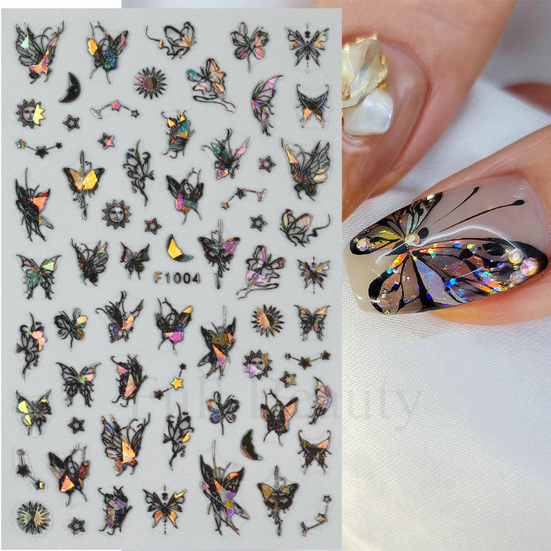 3D hologrāfisks tauriņš nagu uzlīmes mirdzoši melni balti nagu mākslas rotājumi uzlīmes piekariņi Dizains lipīgi slīdņi manikīrs