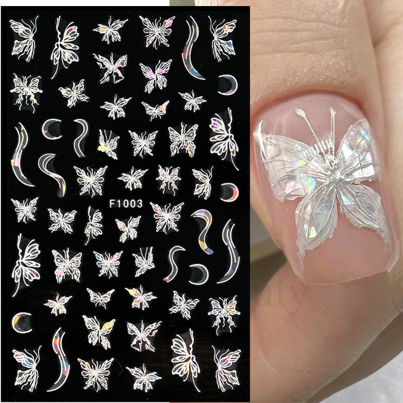 3D hologrāfisks tauriņš nagu uzlīmes mirdzoši melni balti nagu mākslas rotājumi uzlīmes piekariņi Dizains lipīgi slīdņi manikīrs