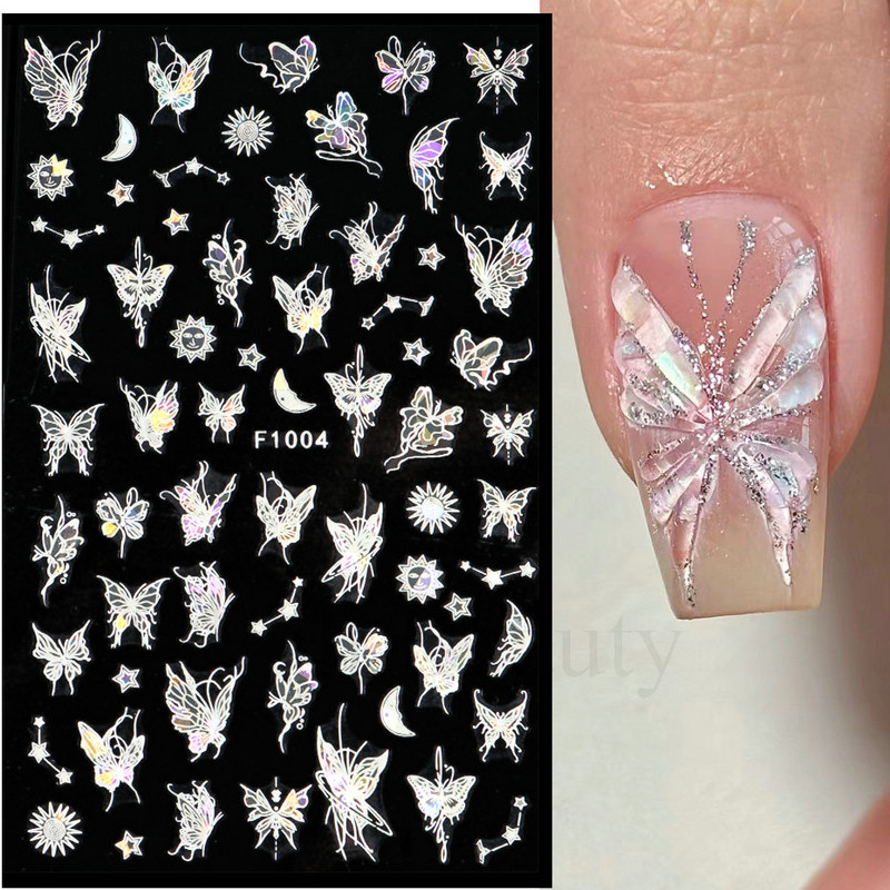 3D hologrāfisks tauriņš nagu uzlīmes mirdzoši melni balti nagu mākslas rotājumi uzlīmes piekariņi Dizains lipīgi slīdņi manikīrs