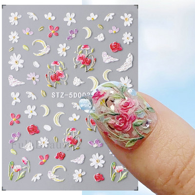 5D reljefi ziedi uzlīmes nagiem Eleganta balta akrila ziedu mežģīņu lapu koka nagu slīdnis Pavasara vasara manikīra dekora folija
