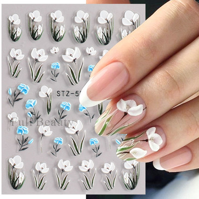 5D reljefi ziedi uzlīmes nagiem Eleganta balta akrila ziedu mežģīņu lapu koka nagu slīdnis Pavasara vasara manikīra dekora folija