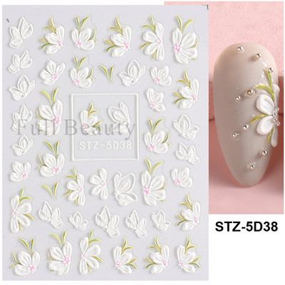 5D reljefi ziedi uzlīmes nagiem Eleganta balta akrila ziedu mežģīņu lapu koka nagu slīdnis Pavasara vasara manikīra dekora folija