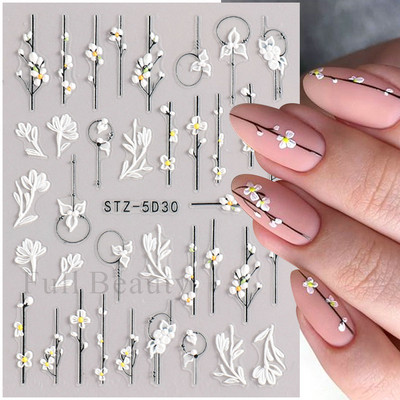 5D reljefi ziedi uzlīmes nagiem Eleganta balta akrila ziedu mežģīņu lapu koka nagu slīdnis Pavasara vasara manikīra dekora folija