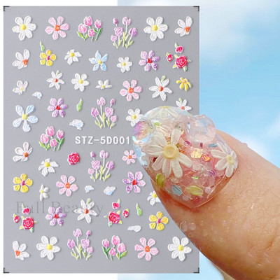 5D reljefi ziedi uzlīmes nagiem Eleganta balta akrila ziedu mežģīņu lapu koka nagu slīdnis Pavasara vasara manikīra dekora folija
