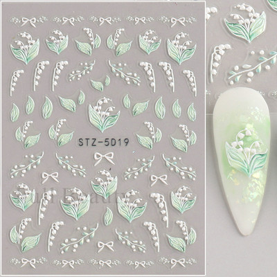 5D reljefi ziedi uzlīmes nagiem Eleganta balta akrila ziedu mežģīņu lapu koka nagu slīdnis Pavasara vasara manikīra dekora folija