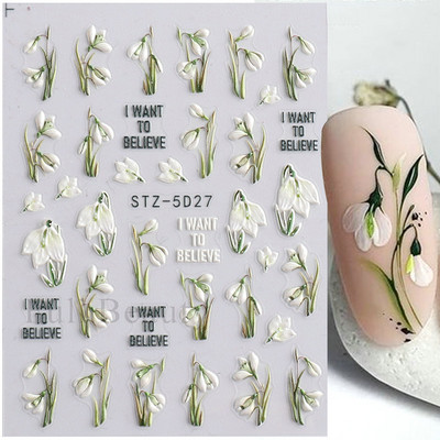 5D reljefi ziedi uzlīmes nagiem Eleganta balta akrila ziedu mežģīņu lapu koka nagu slīdnis Pavasara vasara manikīra dekora folija