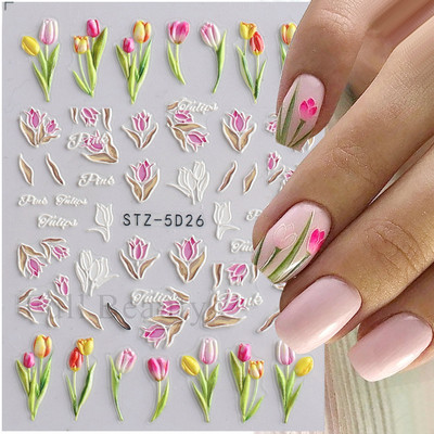 5D reljefi ziedi uzlīmes nagiem Eleganta balta akrila ziedu mežģīņu lapu koka nagu slīdnis Pavasara vasara manikīra dekora folija